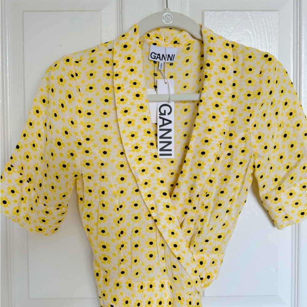 Ganni Women's Yellow Floral Crêpe Midi Wrap Dress